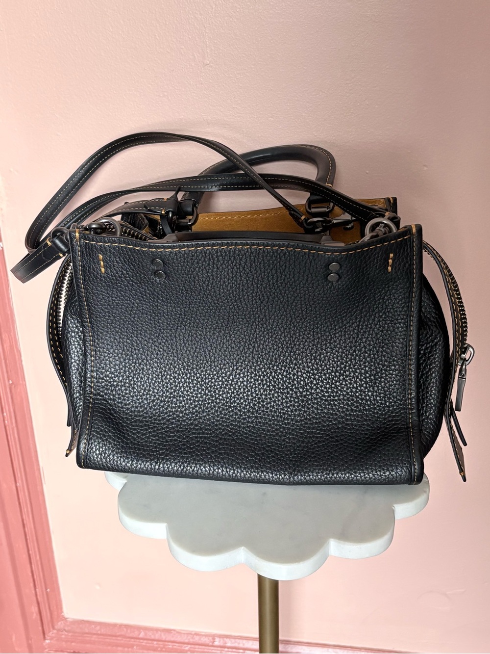 Coach Black Pebbled Leather Shoulder Bag with Tan Interior